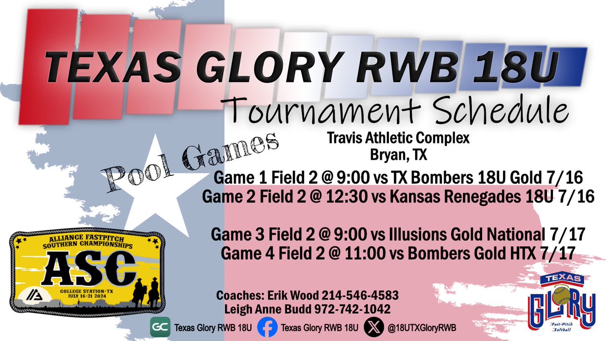Schedule drop…
Texas Glory RWB 18U hits the road for College Station competing against some heavy hitters in the Alliance Fastpitch Southern Championships. 

Follow us live on GameChanger: web.gc.com/teams/Ssajzl7F…