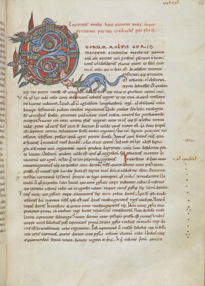 red_loeb's tweet photo. Beautiful initial 'Q'(uoniam) full of creatures
Cambridge, University Library, MS Ff.3.9; Gregory the Great, Sermons; Late 11th / 12th century; England, probably Canterbury; f.56r Cambridge Digital Library https://t.co/WQLS99zZG7