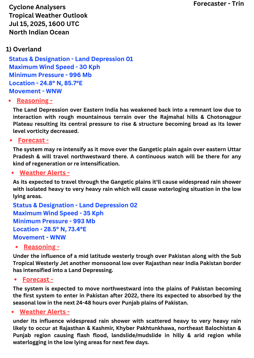 CycloneAnalyser's tweet photo. #TWO
Twin System overland,
#LD01 weakened into a remnant low over east central India after causing isolated heavy to very heavy rain over #India &amp; #Bangladesh while another monsoonal low near #India-#Pakistan border intensified into #LD02. It'll cause adverse weather in #Pakistan https://t.co/2AlXto8qIQ