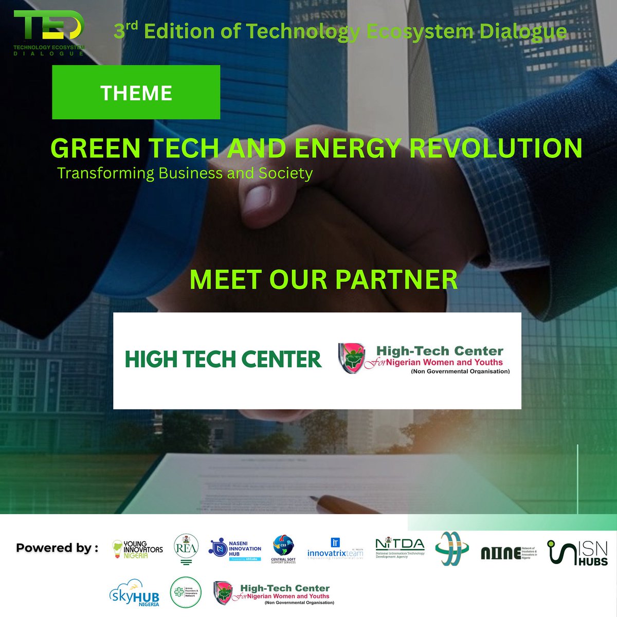 Young Innovators Nigeria (@yinigeria) on Twitter photo We’re proud to welcome <a href="/HighTechCenter/">Taft High Tech</a> for Nigerian Women and Youths as one of our official partner for the 3rd Edition of the Technology Ecosystem Dialogue (TED), themed “Green Tech and Energy Revolution: Transforming Business and Society.”
This partnership reflects our joint We’re proud to welcome <a href="/HighTechCenter/">Taft High Tech</a> for Nigerian Women and Youths as one of our official partner for the 3rd Edition of the Technology Ecosystem Dialogue (TED), themed “Green Tech and Energy Revolution: Transforming Business and Society.”
This partnership reflects our joint