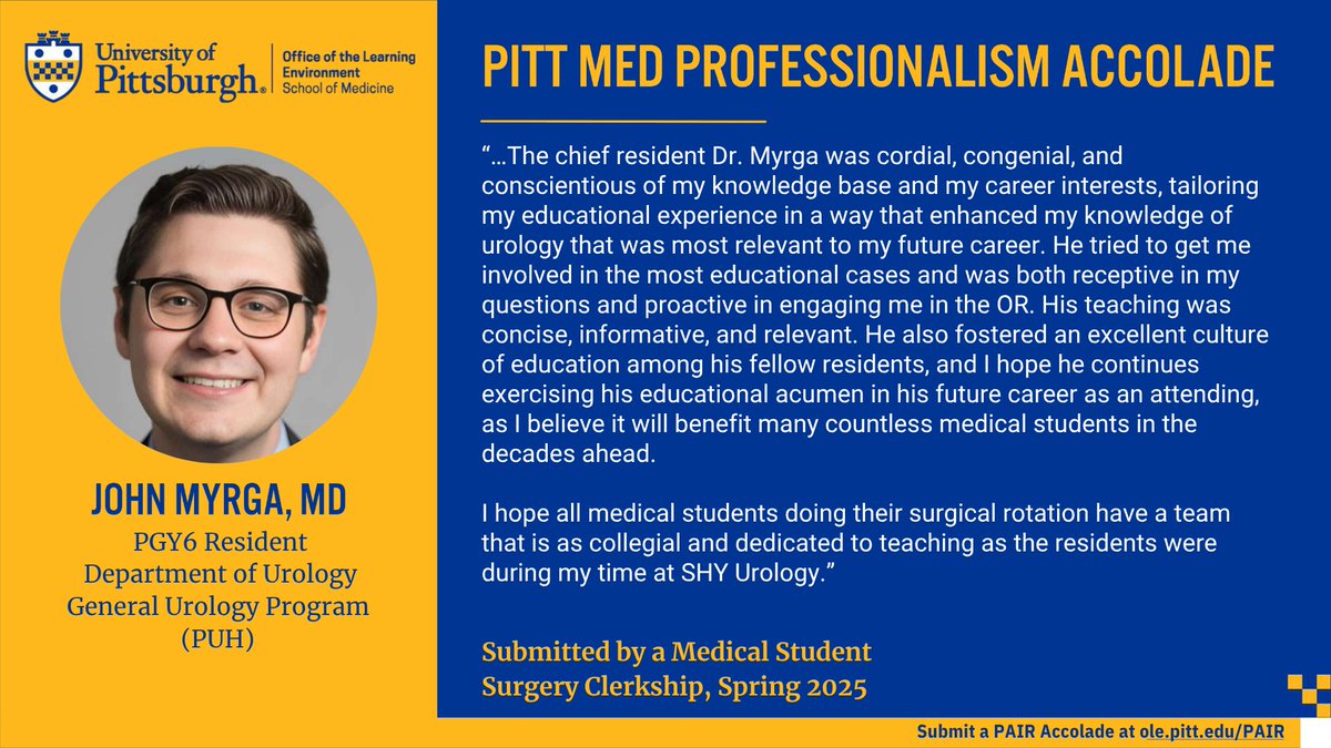 UPMCUrology's tweet image. 👏 Congratulations to Drs. Fola Laditi, John Myrga, Chris Owen, Peyton Skupin, & Brett Teplitz on receiving #PittMed Professionalism Accolades! Thank you for your dedication to mentoring medical students and proudly representing our residency program. @PittHealthSci #uroresidency