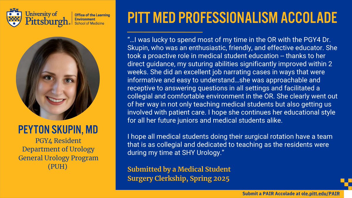 UPMCUrology's tweet image. 👏 Congratulations to Drs. Fola Laditi, John Myrga, Chris Owen, Peyton Skupin, & Brett Teplitz on receiving #PittMed Professionalism Accolades! Thank you for your dedication to mentoring medical students and proudly representing our residency program. @PittHealthSci #uroresidency