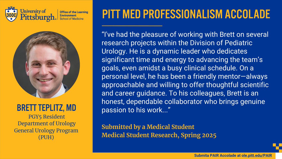 UPMCUrology's tweet image. 👏 Congratulations to Drs. Fola Laditi, John Myrga, Chris Owen, Peyton Skupin, & Brett Teplitz on receiving #PittMed Professionalism Accolades! Thank you for your dedication to mentoring medical students and proudly representing our residency program. @PittHealthSci #uroresidency