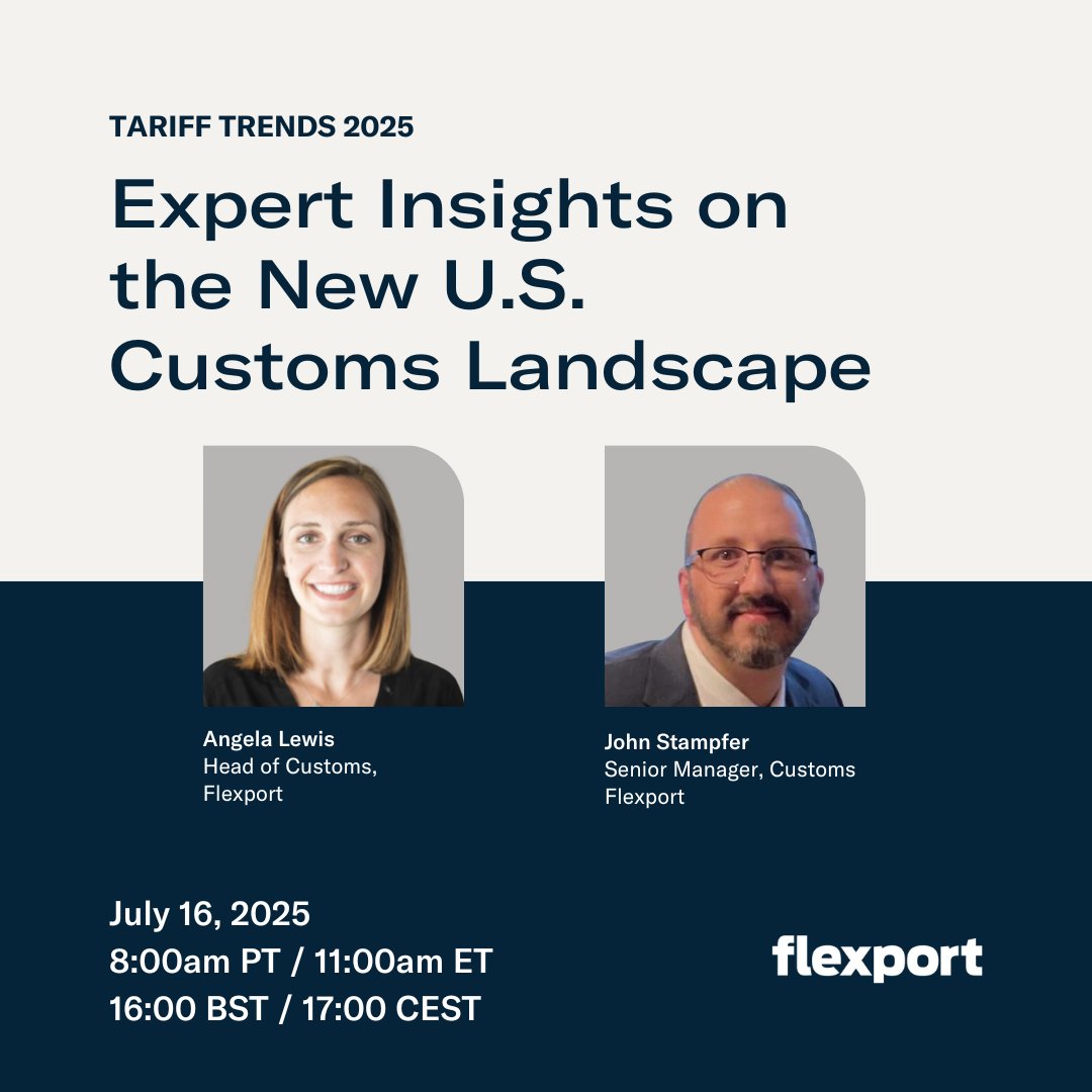 flexport's tweet image. Tomorrow (July 16), join our experts for our next deep dive into the latest tariff developments and their impact on your shipments. Plus, get the insights you need to navigate customs clearance and ensure accurate imports.
Save your spot: flx.to/tariff-update-…