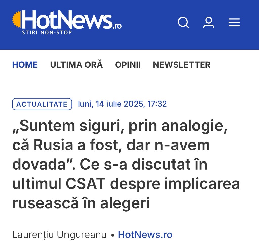 🇷🇴 « Nous sommes convaincus, par analogie, que la Russie était impliquée [dans les élections présidentielles en Roumanie] mais nous n’avons pas de preuves ». 

Voici ce qui a été dit lors du dernier CSAT [Conseil suprême de défense du pays] concernant la prétendue ingérence russe