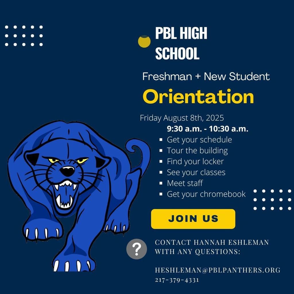 Mark your calendars for Freshman and New Student Orientation on Friday, August 8th, at 9:30 a.m. Join us to get prepared for the new school year and pick up your Chromebook!