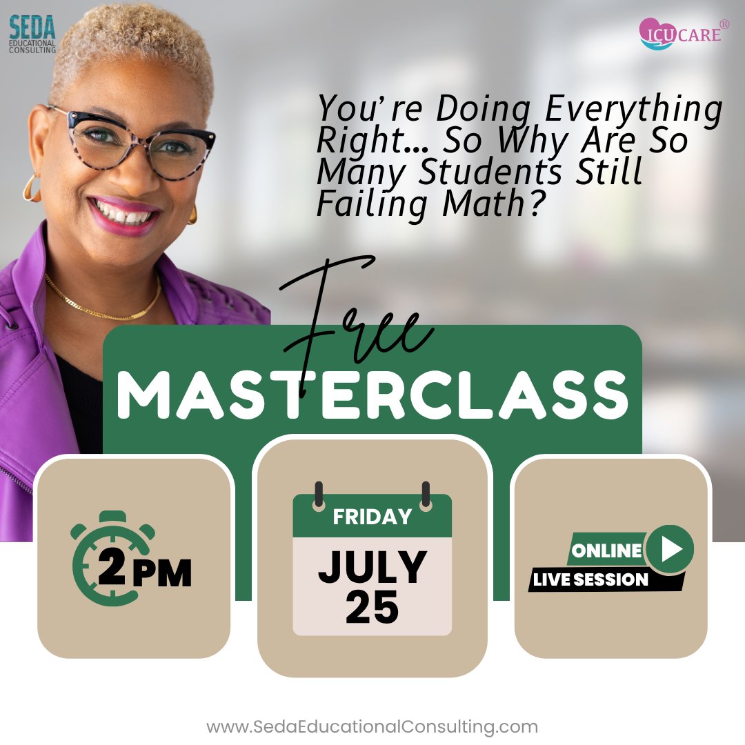 pamseda1's tweet image. 3️⃣ Days Left
Still asking why math just isn’t landing—no matter how much support is in place?
🧠 There’s a reason. And it’s time to name it.
🎓 Free Masterclass | Friday, July 25 | 2 PM EST
Live. Focused. Forward-moving.
🔗 sedaeducationalconsulting.com/masterclass-re…
#Choosing2See #ICUCARE #dbc_inc