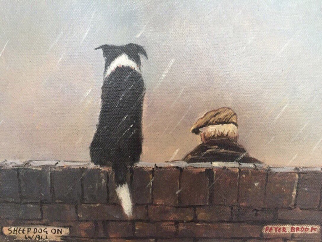 PennineThe's tweet image. St. Swithin’s Day today and got caught in the rain so looks like the end of the drought, if you believe in the traditional tale. And here’s ‘Sheep Dog on Wall’, with Peter Brook and Tess, predecessor to the better known Shep, getting wet too. (Private Collection)