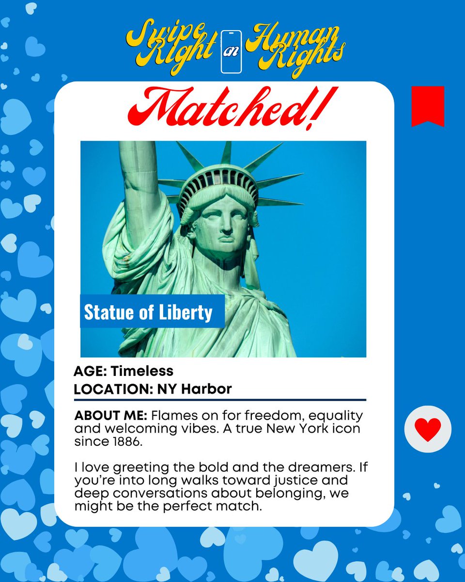 NYSHumanRights's tweet image. Meet Lady Liberty, a freedom influencer, and a fierce candidate in our Swipe Right on Human Rights series. Not exactly a fit? Follow us for more destination matches coming soon.
