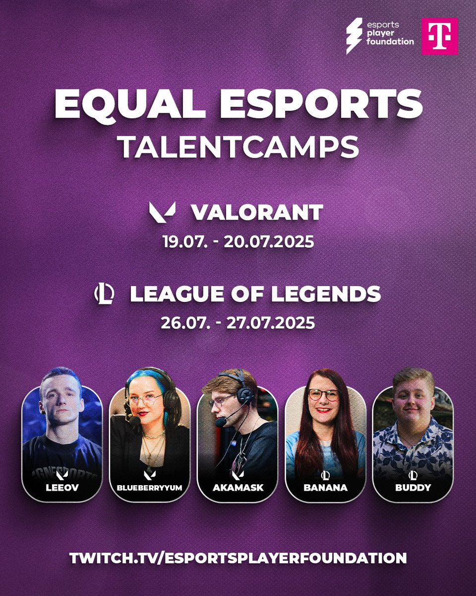 esports player foundation (@esportsplayerf1) on Twitter photo Who will impress our coaches and earn a spot in our #EQUALESPORTS initiative? 🤔
We’ll find out during our upcoming Talentcamp streams! 🔥
📅 VALORANT – 19./20.07.2025
🎙️ <a href="/Akamask_/">Patrick Decker/Akamask 🐬</a>, <a href="/_BlueberryYum_/">Laura 'BlueberryYum' L.</a> & <a href="/oneandonlyleeo/">VCGN LeeoV</a>
📅 LOL – 26./27.07.2025
🎙️ <a href="/castingBanana/">Anna 🍌</a> & <a href="/SGD_Buddy/">Florian ''Buddy'' Hartwig</a> Who will impress our coaches and earn a spot in our #EQUALESPORTS initiative? 🤔
We’ll find out during our upcoming Talentcamp streams! 🔥
📅 VALORANT – 19./20.07.2025
🎙️ <a href="/Akamask_/">Patrick Decker/Akamask 🐬</a>, <a href="/_BlueberryYum_/">Laura 'BlueberryYum' L.</a> & <a href="/oneandonlyleeo/">VCGN LeeoV</a>
📅 LOL – 26./27.07.2025
🎙️ <a href="/castingBanana/">Anna 🍌</a> & <a href="/SGD_Buddy/">Florian ''Buddy'' Hartwig</a>