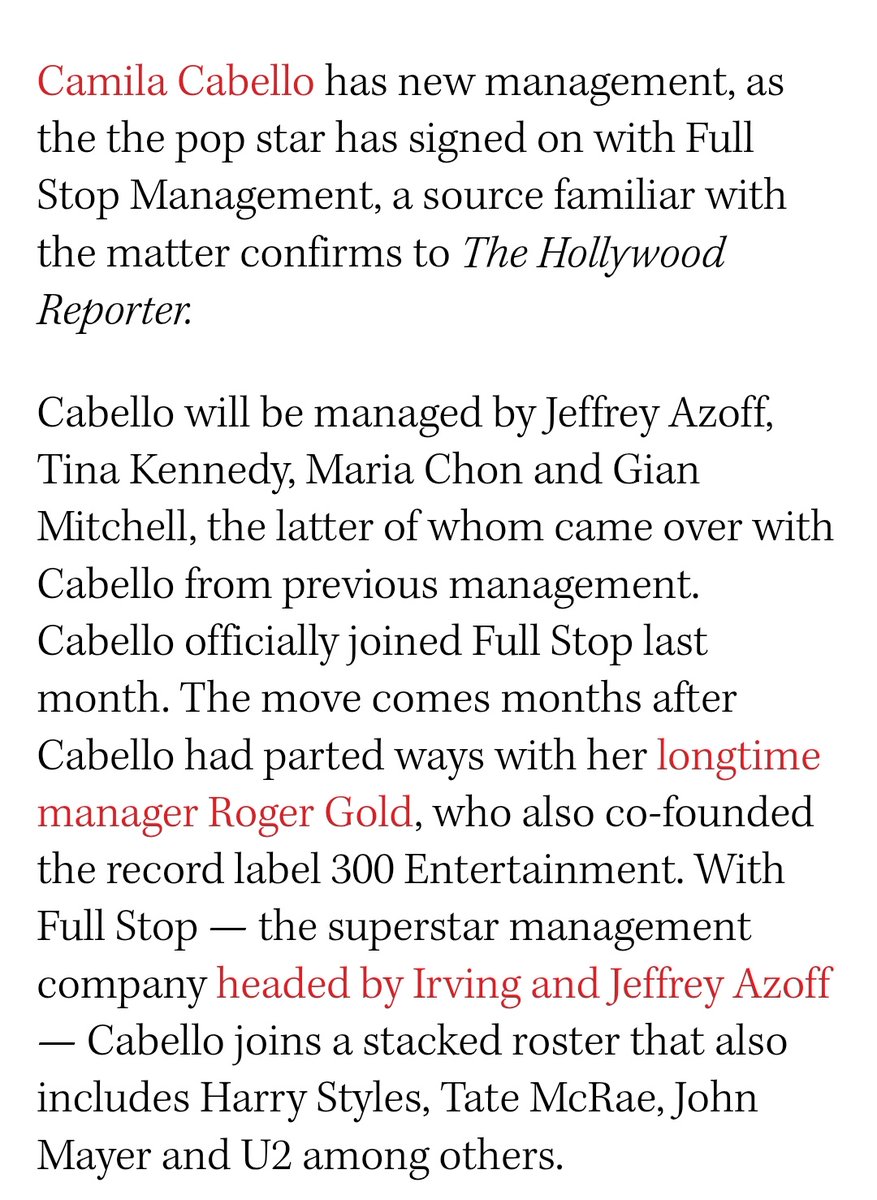 Camila Cabello Worldwide (@wwcamilacabello) on Twitter photo .<a href="/THR/">The Hollywood Reporter</a> confirmed! Camila Cabello will be managed by Jeffrey Azoff, Tina Kennedy, Maria Chon and Gian Mitchell, the latter of whom came over with Cabello from previous management. Cabello officially joined Full Stop last month. With Full Stop the superstar management company headed .<a href="/THR/">The Hollywood Reporter</a> confirmed! Camila Cabello will be managed by Jeffrey Azoff, Tina Kennedy, Maria Chon and Gian Mitchell, the latter of whom came over with Cabello from previous management. Cabello officially joined Full Stop last month. With Full Stop the superstar management company headed