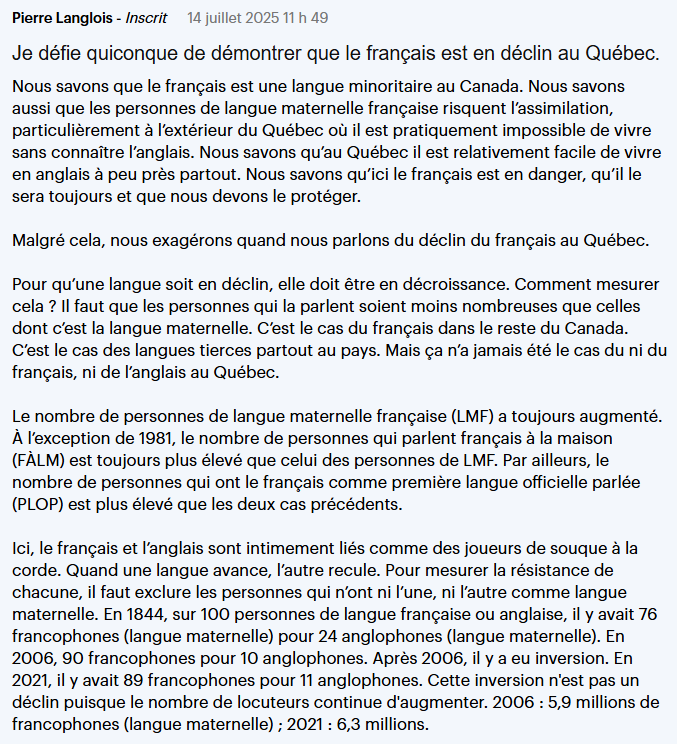 PierLang's tweet image. Mon commentaire relatif à l'opinion du député du Bloc, Mario Beaulieu, qui s'inquiète de l'anglicisation du Québec par le Canada.
ledevoir.com/opinion/idees/…