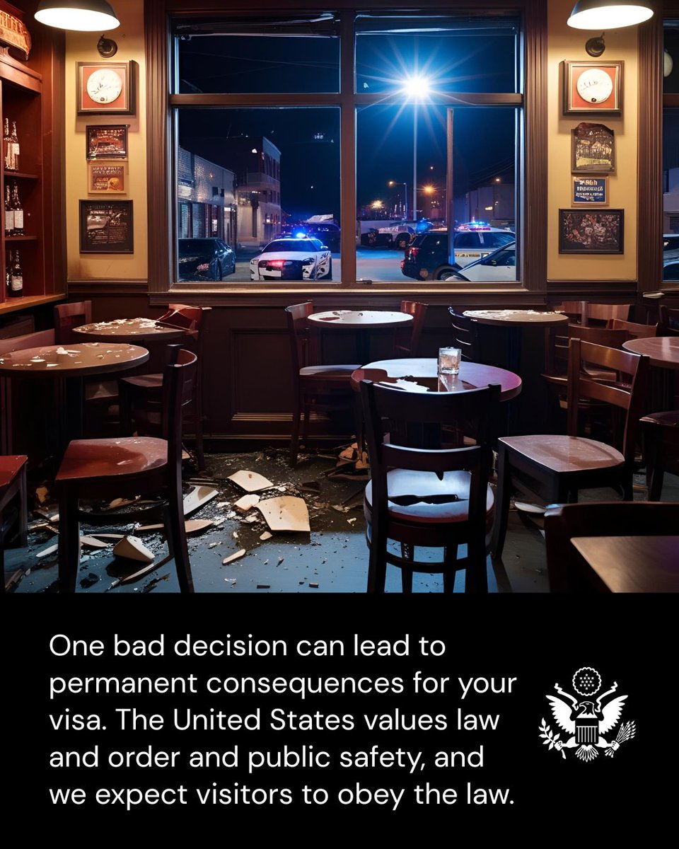 TravelGov's tweet image. If you are arrested for assault, domestic violence, or other crimes while in the United States, your U.S. visa may be revoked, and you may be ineligible for future U.S. visas. A visa is a privilege, not a right – one that can be revoked if you break the law.