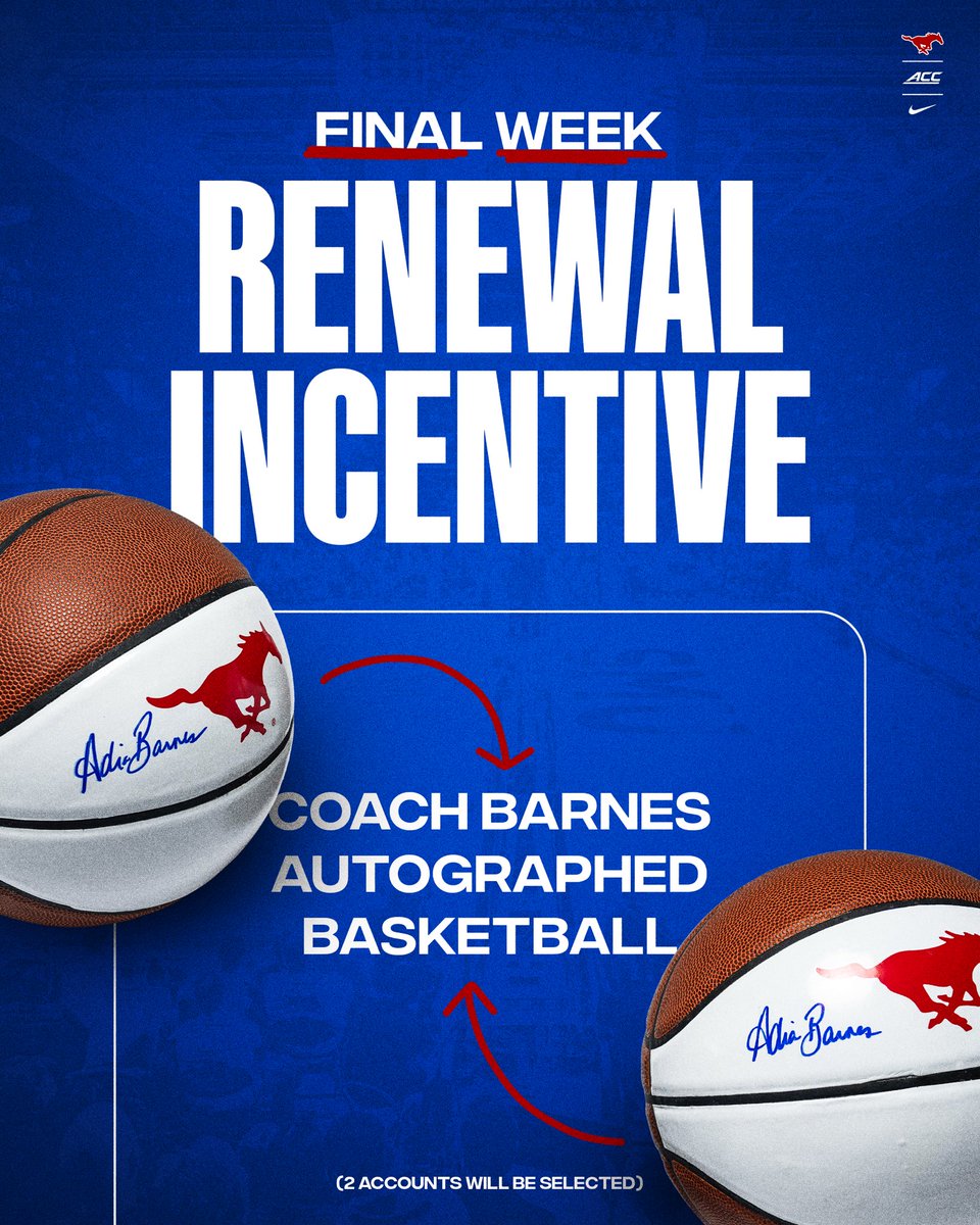 SMU Women's Basketball (@smuwbb) on Twitter photo Only 1๏ธโฃ week left to renew your season ticketsโผ๏ธ
The deadline to renew your tickets for the 2025-26 season is ๐๐๐๐ ๐๐!
Renew by the deadline and you will be entered to win an <a href="/AdiaBarnes/">ADIA BARNES COPPA</a> signed basketball!
๐๏ธ tinyurl.com/28w9xbfk
#GoMustangs Only 1๏ธโฃ week left to renew your season ticketsโผ๏ธ
The deadline to renew your tickets for the 2025-26 season is ๐๐๐๐ ๐๐!
Renew by the deadline and you will be entered to win an <a href="/AdiaBarnes/">ADIA BARNES COPPA</a> signed basketball!
๐๏ธ tinyurl.com/28w9xbfk
#GoMustangs
