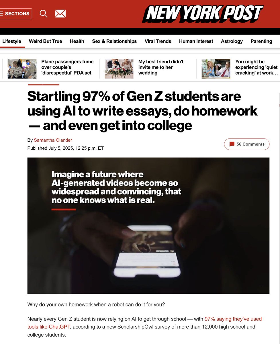 maxifirtman's tweet image. 🔥97% de los estudiantes usan IA en Estados Unidos.

—20% lo usó para ensayos que les permitieron entrar a donde estudian
—31% para TPs y monografías
—35% de apoyo en su tareas en casa
—66% para estudiar
—36% para tomar notas
—56% para preparar un examen
—80% usa ChatGPT