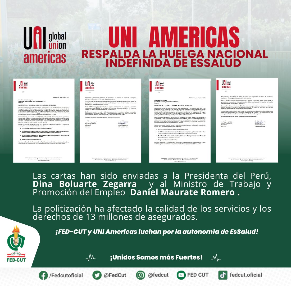 Federación CUT (@fedcut) on Twitter photo FED-CUT y <a href="/uniamericas/">UNI Américas</a> respaldan la Huelga Nacional Indefinida de <a href="/EsSaludPeru/">EsSalud Perú</a>
✉️ Se enviaron cartas a la Presidenta Dina Boluarte y al Ministro <a href="/DanielMaurateR/">Daniel Maurate R.</a>
🚨 La politización afecta la calidad de los servicios y los derechos de 13 millones de asegurados.
#HuelgaEsSalud2025 FED-CUT y <a href="/uniamericas/">UNI Américas</a> respaldan la Huelga Nacional Indefinida de <a href="/EsSaludPeru/">EsSalud Perú</a>
✉️ Se enviaron cartas a la Presidenta Dina Boluarte y al Ministro <a href="/DanielMaurateR/">Daniel Maurate R.</a>
🚨 La politización afecta la calidad de los servicios y los derechos de 13 millones de asegurados.
#HuelgaEsSalud2025