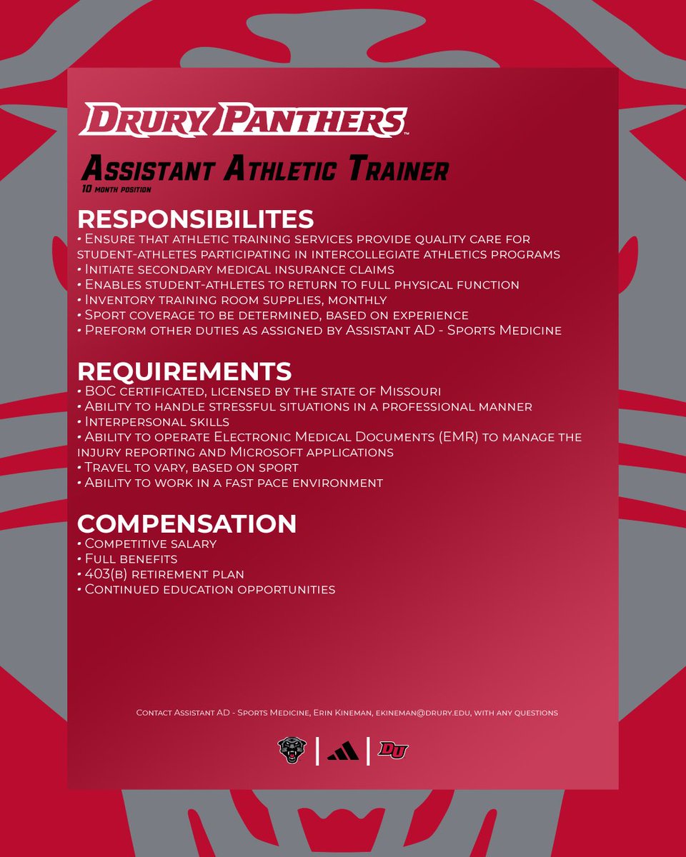 drurypanthers's tweet image. ๐จ JOB OPENING ๐จ
Come join a premier NCAA-II athletic program as an Assistant Athletic Trainer!
Apply with the link below โฌ๏ธ
workforcenow.adp.com/mascsr/defaultโฆ
#OneDrury