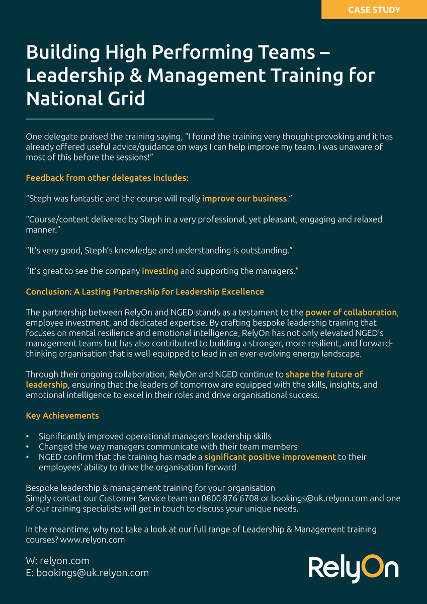 Did you know RelyOn worked with National Grid Energy Distribution to create a bespoke leadership mentoring programme?

The Building High Performing Teams programme was highly successful and has been delivered to over 300 of NGED's managers.

#Leadership #Management
