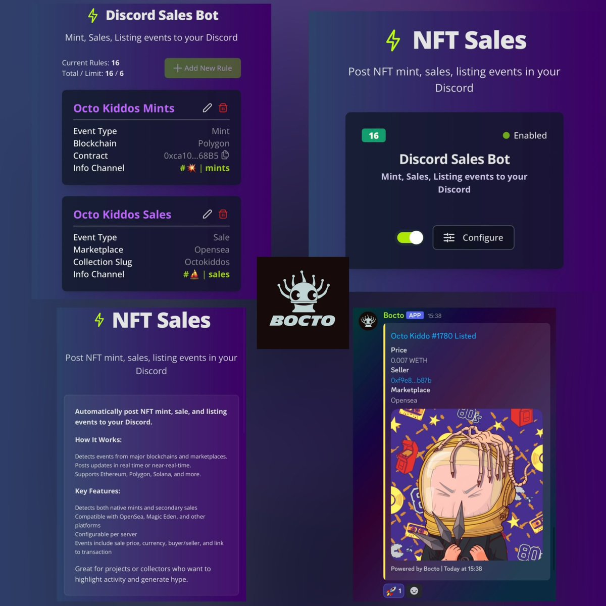 Hey fam 🐙
New Bocto update is live!

🟣 Sales Bot: now tracks EVM mints + OpenSea &amp; Magic Eden sales/listings (real-time via OpenSea Stream API)
🟣 Guard: blocks scam promo images with QR codes
🟣 Plugin info pages
🟣 UI fixes

Try it now: 
bocto.octopeeps.com/en/plugins/nft…