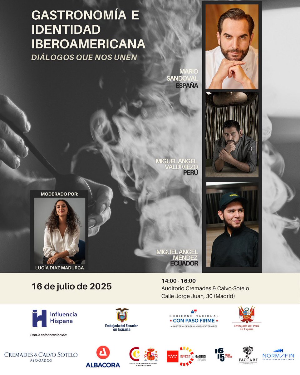 🇪🇨 La Embajada del Ecuador en España presenta “Gastronomía e Identidad Iberoamericana: Diálogos que nos unen”, con chefs reconocidos con estrellas Michelin y Sol Repsol Mario Sandoval, Miguel Angel Valdiviezo y Miguel Angel Mendez 🇪🇸🇵🇪🇪🇨.
