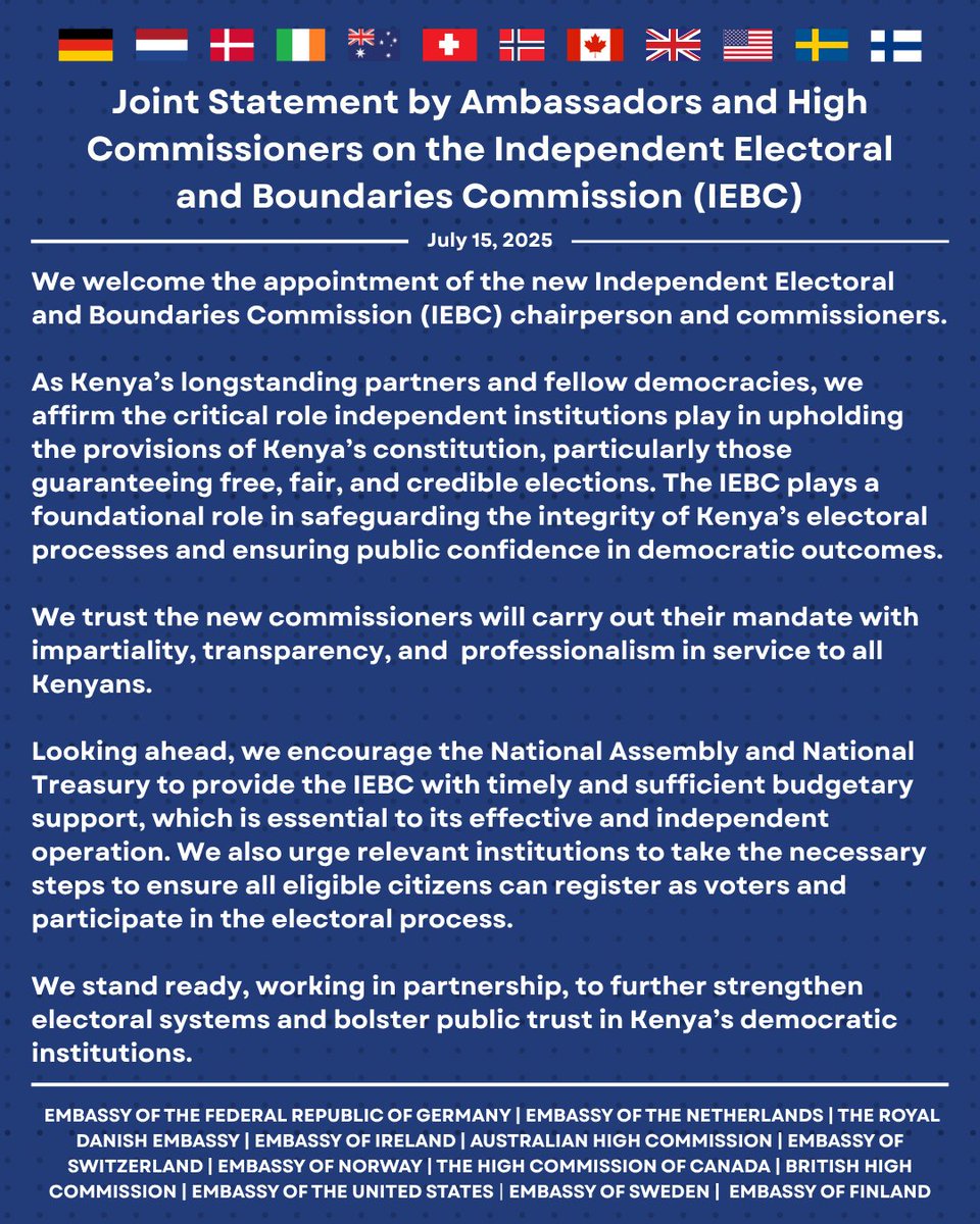 CanHCKenya's tweet image. A joint statement from members of the international community on the Independent Electoral and Boundaries Commission (IEBC).
Read full statement➡️international.gc.ca/country_news-p…