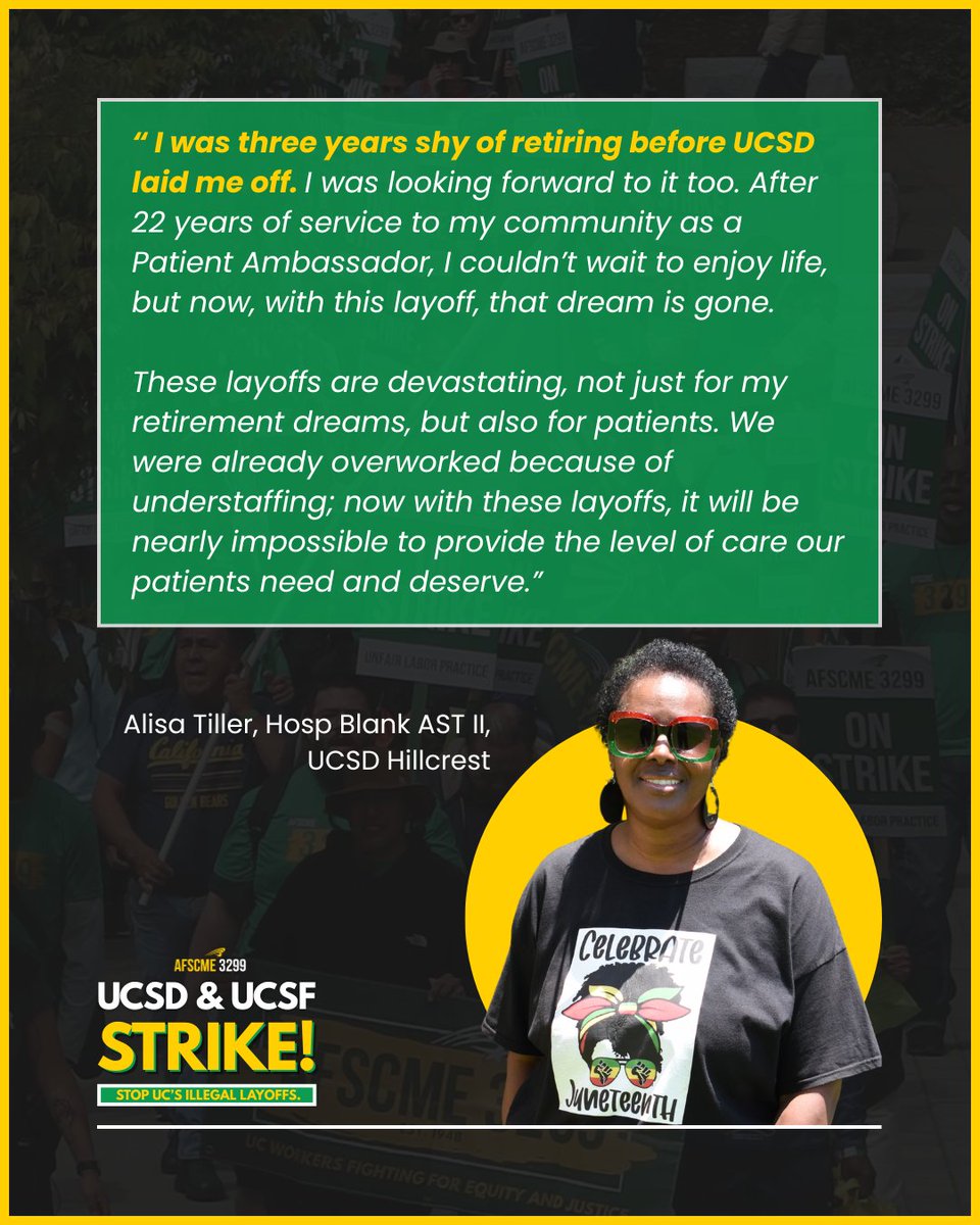 afscme3299's tweet image. It's time to show up for Alisa and demand that they rescind the layoffs!
When they come for one of us, they come for all of us!
#nolayoffs #ulpstrike #strike #afscme3299 #3299strong #afscme #werunuc #ucworkers #labormovement #laborunion #ucsd