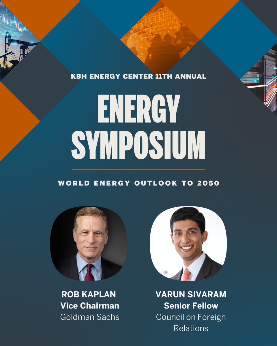 KBHEnergyCenter's tweet image. Introducing the first panel for our 2025 Energy Symposium, “World Energy Outlook to 2050”, featuring @CFR_org Varun Sivaram, @GoldmanSachs Rob Kaplan, @CockrellSchool Ben Cahill and Veriten's Maynard Holt. Register today: bit.ly/4l8997d
#KBHSymposium25
