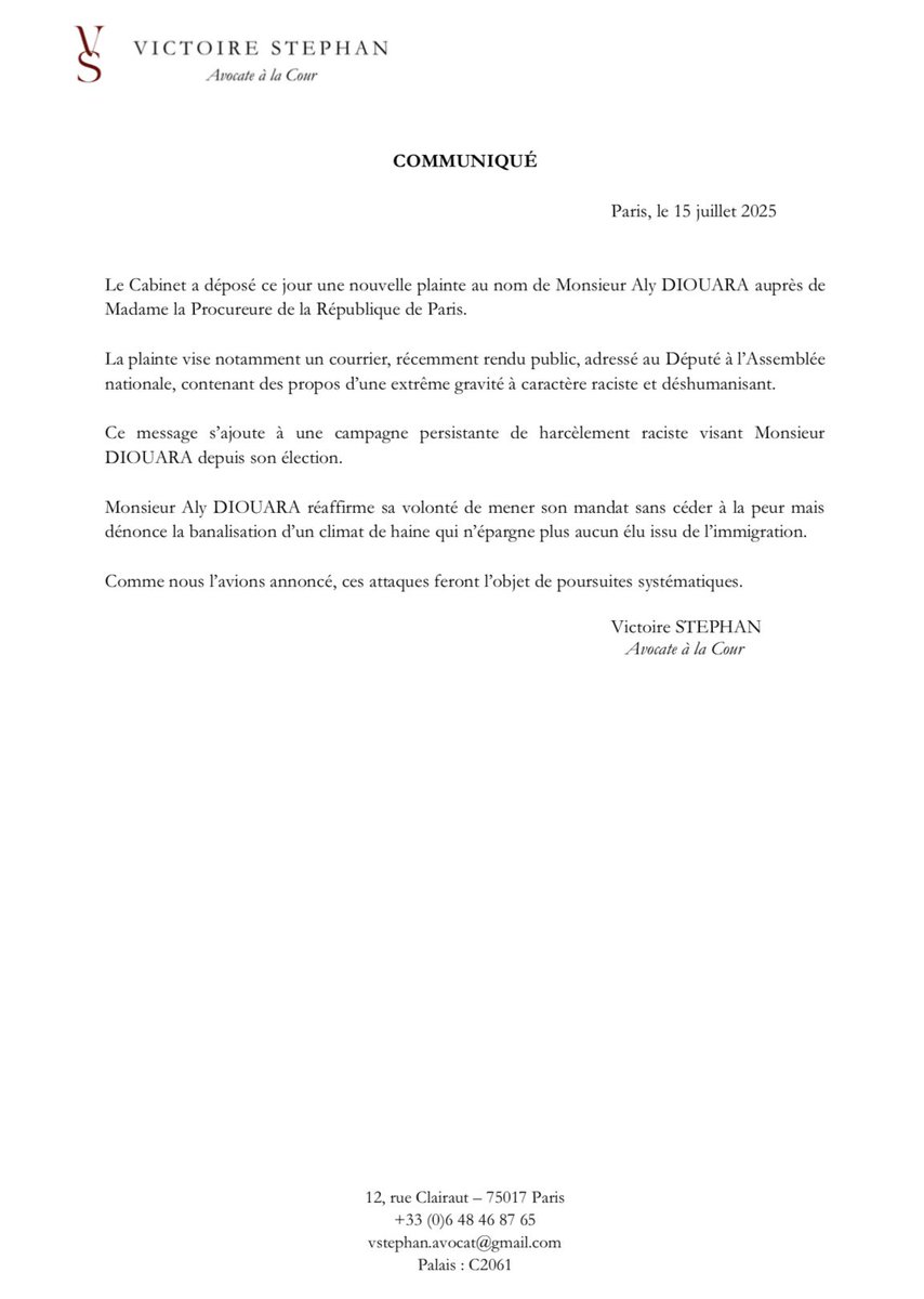 Communiqué du 15.07.2025 dans l’intérêt de Monsieur le Député <a href="/AlyDiouara/">Aly D</a>