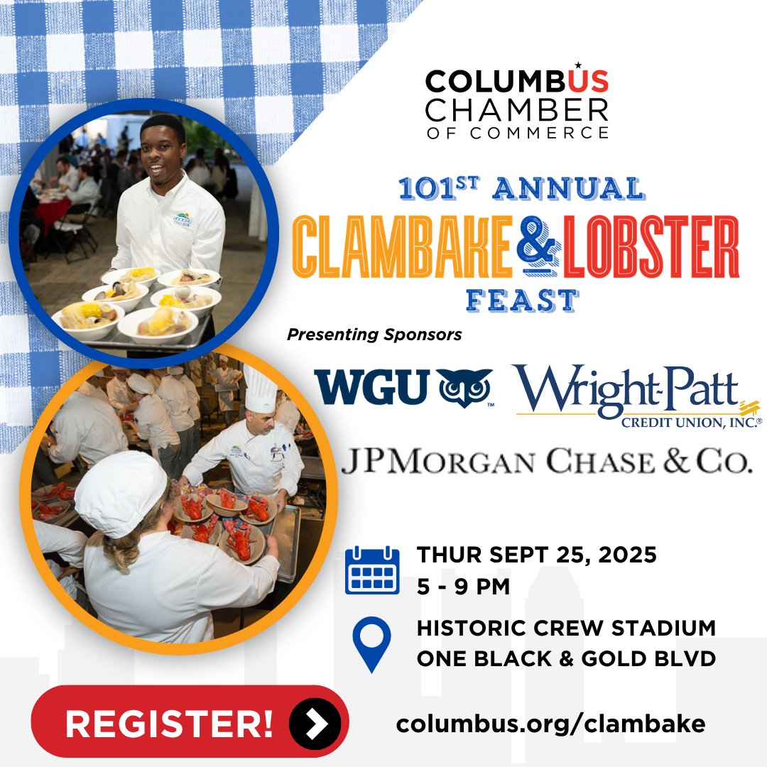 Columbus Chamber (@columbuschamber) on Twitter photo 🦞 It’s officially Clambake season! 🦞
Join us on September 25th for a legendary night of fresh seafood, great company, and unbeatable vibes! Bring your appetite. We’ll bring the butter.
Reserve your seat now columbus.org/events/clambak…
<a href="/wpcu/">Wright-Patt Credit Union</a> #WGU #JPMorganChase 🦞 It’s officially Clambake season! 🦞
Join us on September 25th for a legendary night of fresh seafood, great company, and unbeatable vibes! Bring your appetite. We’ll bring the butter.
Reserve your seat now columbus.org/events/clambak…
<a href="/wpcu/">Wright-Patt Credit Union</a> #WGU #JPMorganChase
