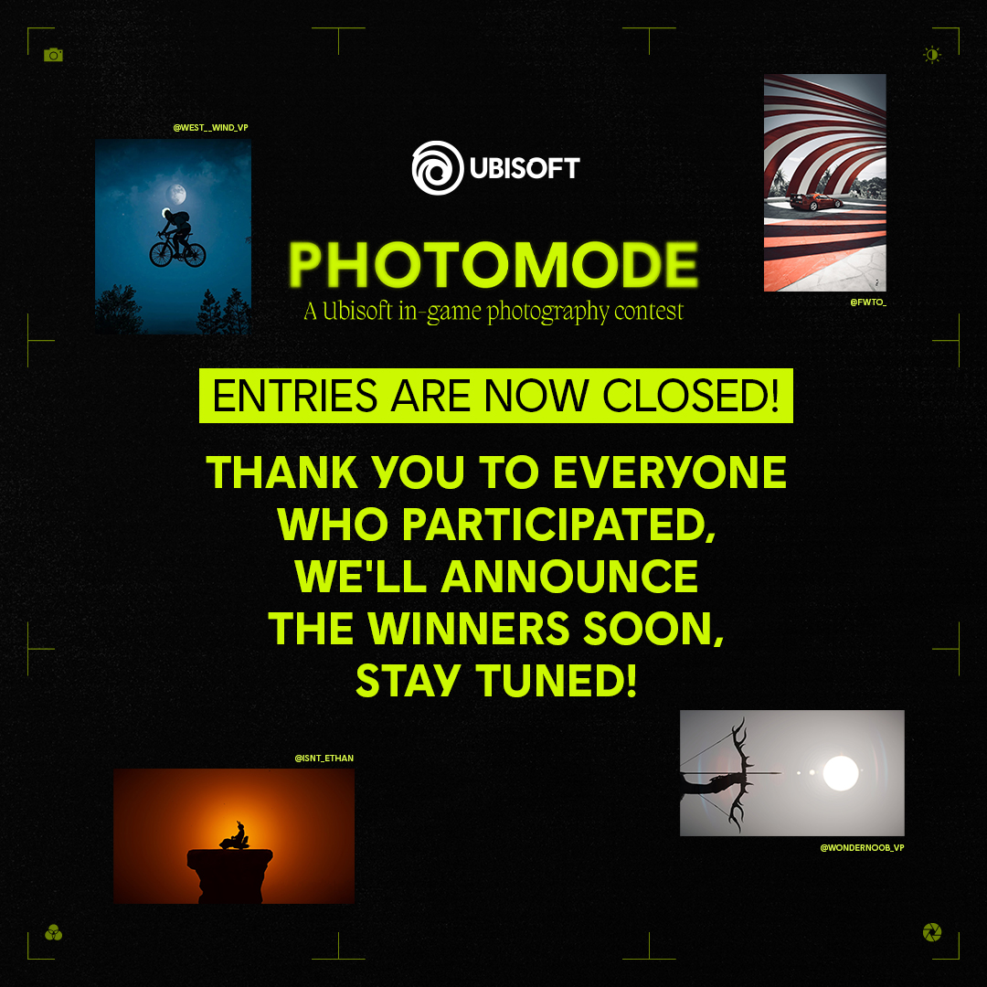 Ubisoft's tweet image. Entries for the #UbisoftPhotomodeContest are now closed!
Thank you for your amazing submissions, we'll announce the winners in a few days!