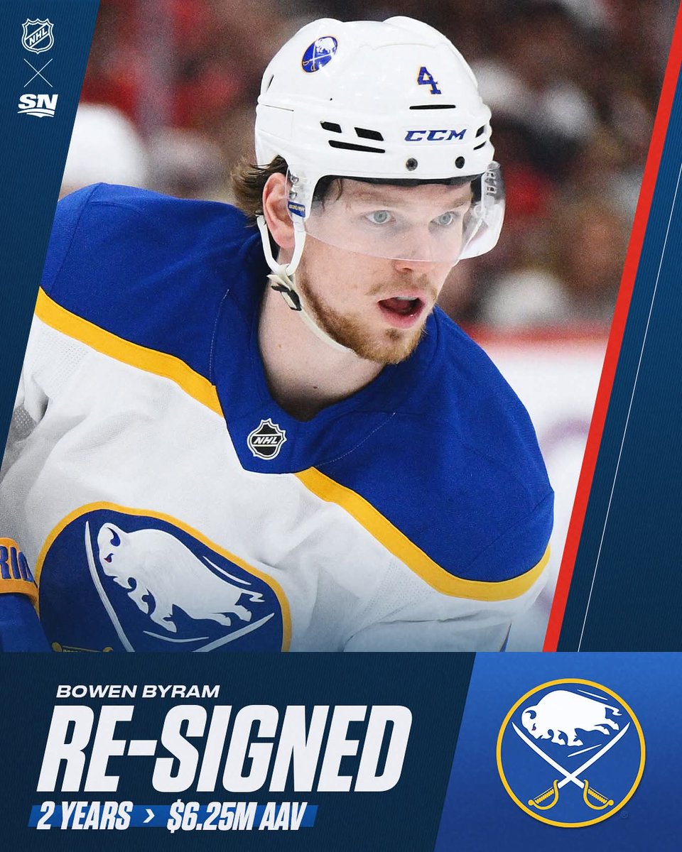 Thebigfaceoff's tweet image. Bowen Byram and the Sabres avoid arbitration and agree to a two-year deal, per @FriedgeHNIC ✍️