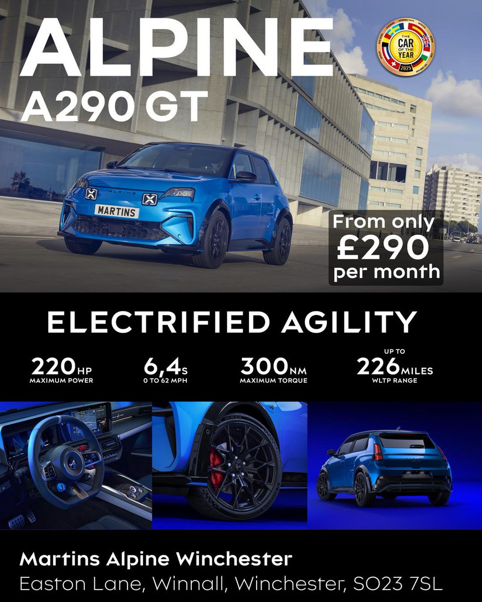 Martins Group (@martins_group) on Twitter photo πβ‘ Meet the all-new Alpine A290 GT β where electrified agility meets bold design and everyday performance.
π₯ 220hp | β‘ 0β62mph in 6.4s | π Up to 226 miles WLTP
πΈ From just Β£290/month
PCP deal here π bit.ly/4jI2yPS
βοΈ 01962 810 000
π§ k.smart@martins.uk.com πβ‘ Meet the all-new Alpine A290 GT β where electrified agility meets bold design and everyday performance.
π₯ 220hp | β‘ 0β62mph in 6.4s | π Up to 226 miles WLTP
πΈ From just Β£290/month
PCP deal here π bit.ly/4jI2yPS
βοΈ 01962 810 000
π§ k.smart@martins.uk.com