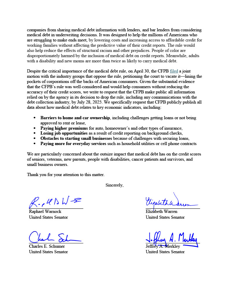 SenJackReed's tweet image. Getting sick isn’t a choice. But Republicans voted to make health care more expensive & then reversed a key medical debt rule. Teaming up w/ @SenatorWarnock to demand Trump Admin stop harming people’s financial futures & creating needless barriers to affordable health care.