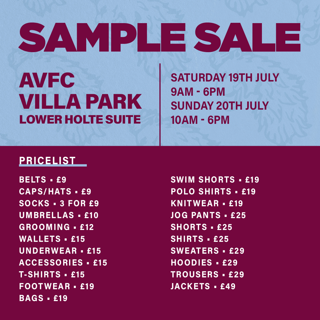 📢 Our HUGE Sample Sale is this weekend! 

👇 Check out the incredible value to be found below

📍 Lower Holte Suite, Villa Park
📅 Saturday 19th July: 9AM-6PM
📅 Sunday 20th July: 10AM-6PM  

Let us know you're coming: bit.ly/44wPXIX