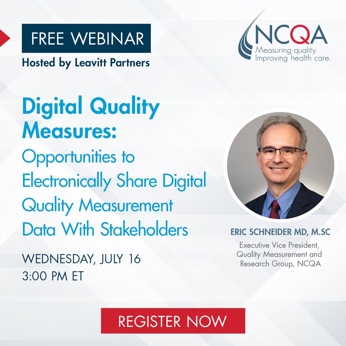 NCQA's tweet photo. How can health organizations align with #digitalquality mandates? Find out tomorrow with Dr. Eric Schneider + @LeavittPartners. Register today: https://t.co/fdHB9gK6eP
#DigitalTransformation #DigitalQualityMeasurement #dQM #HealthPolicy https://t.co/K4Asw8KfBS