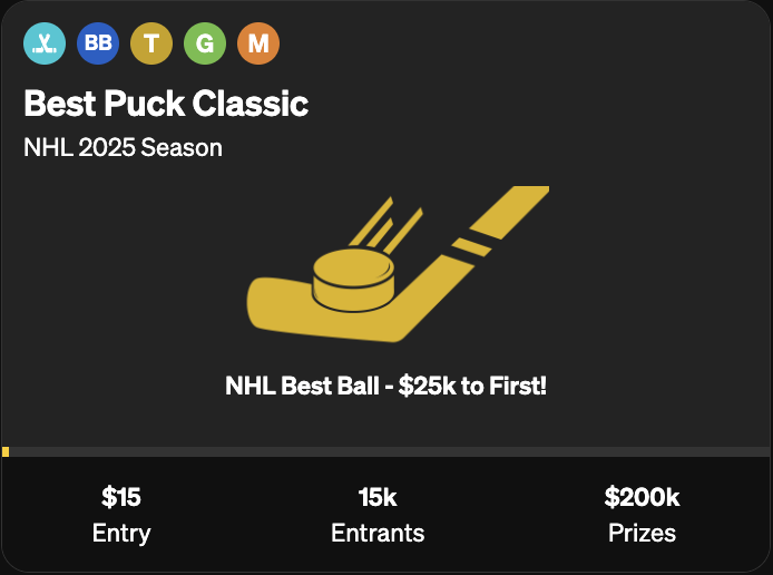 UnderdogDrafts's tweet image. Best Puck Classic is LIVE 🏒
$15 to Enter
$200k in Prizes
$25k to 1st Place
New addition this year, a 2nd FLEX spot!