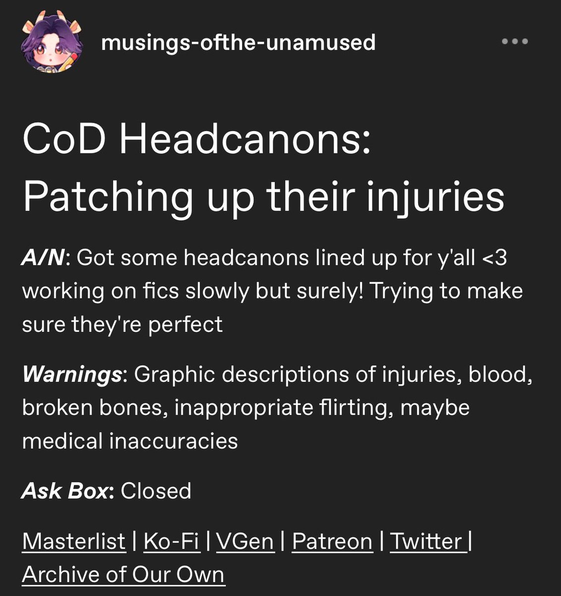 MusingsUnamused's tweet image. [RTWTS 💜] Omg I posted #CallofDuty #CoDHeadcanons #xreader