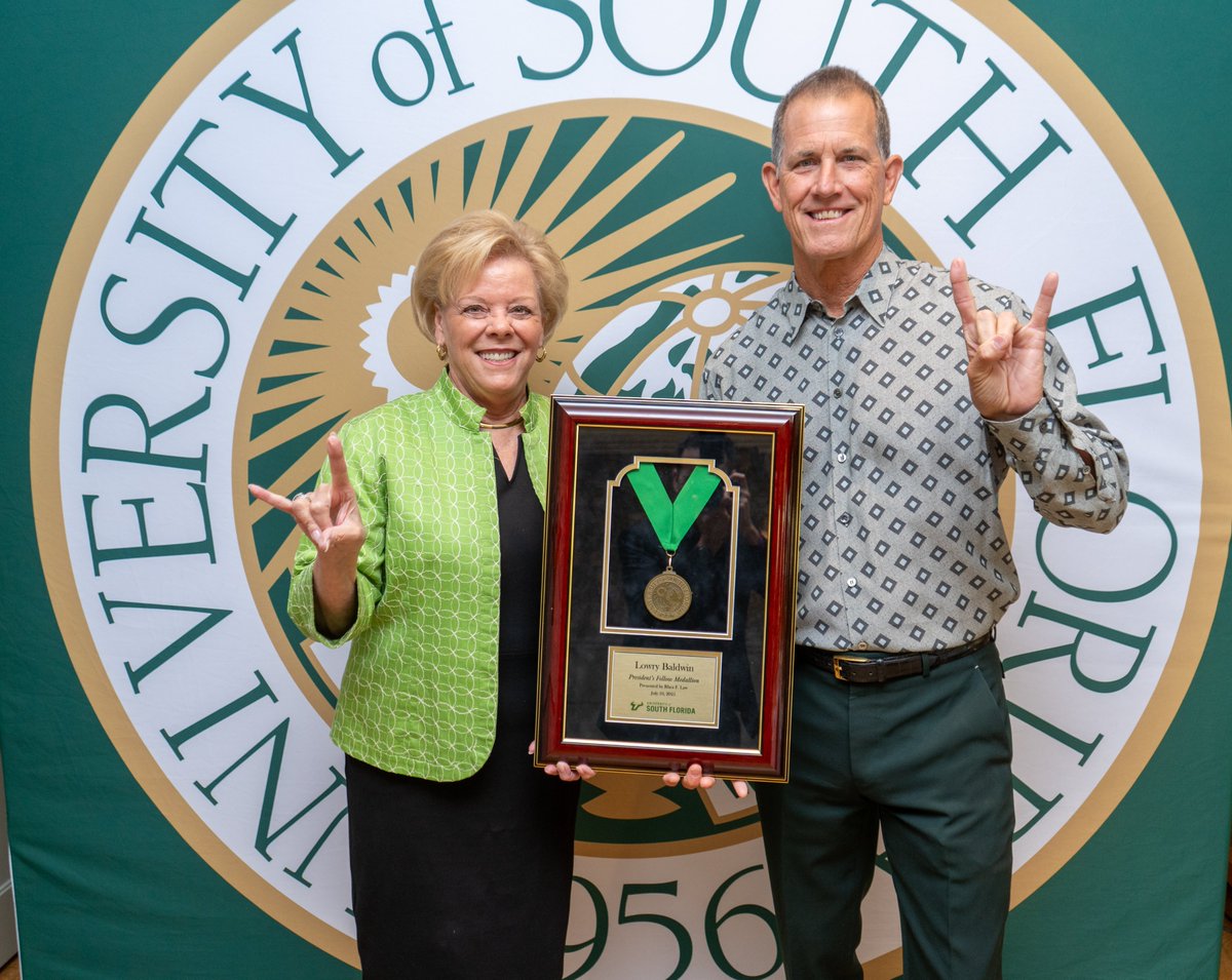 USF_Pres's tweet image. I was honored last week to present Lowry Baldwin with the President’s Fellow Medallion, which recognizes individuals who have made significant contributions in their fields and have demonstrated an exceptional impact on society. Lowry, who serves as chairman and co-founder of the…