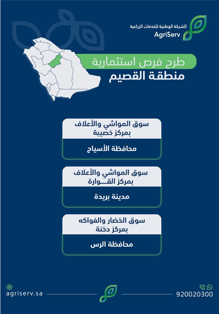 AgriServ_sa's tweet image. تعلن #الشركة_الوطنية_للخدمات_الزراعية عن طرح عدد من الفرص الاستثمارية في أسواق النفع العام والمسالخ على منصة فرص وعلى موقع الشركة من خلال الرابط: agriserv.sa/portal/investm…