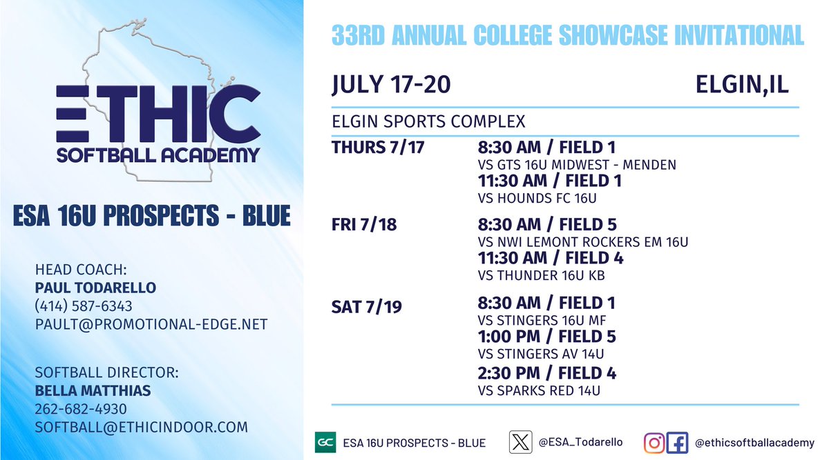 ESA 16U Prospects - Blue (@esa_todarello) on Twitter photo Game Schedule for the 33rd Annual College Showcase Invitational in📍Elgin, IL!! 💥
<a href="/Kennedyb2727/">Kennedy Bennett</a> <a href="/madilynmismash/">madilyn mismash</a> <a href="/GSwiezynski/">Grace Swiezynski</a> <a href="/paytonthiese/">Payton Thiesenhusen</a> <a href="/LexiTodarello/">Lexi Todarello</a> <a href="/mackenziedent28/">Mackenzie Dent</a> Game Schedule for the 33rd Annual College Showcase Invitational in📍Elgin, IL!! 💥
<a href="/Kennedyb2727/">Kennedy Bennett</a> <a href="/madilynmismash/">madilyn mismash</a> <a href="/GSwiezynski/">Grace Swiezynski</a> <a href="/paytonthiese/">Payton Thiesenhusen</a> <a href="/LexiTodarello/">Lexi Todarello</a> <a href="/mackenziedent28/">Mackenzie Dent</a>