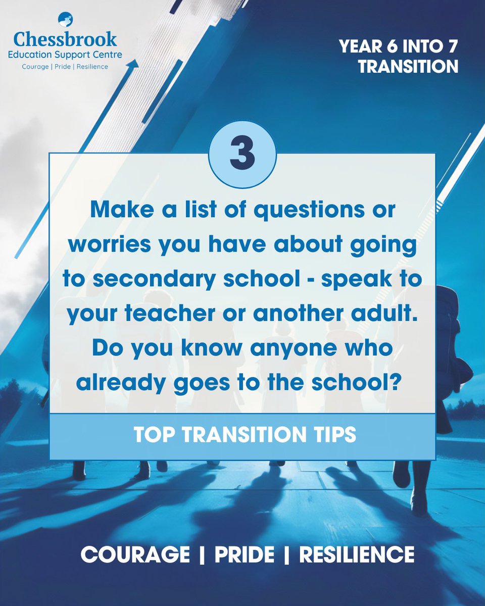 Chessbrook ESC (@chessbrookesc) on Twitter photo Feeling nervous about starting secondary school? 🤔
Tip 3 from our #TopTransitionTips 
Write down your questions or worries and talk them through with a trusted adult. Do you know someone already at the school? Ask them! 🗣️ Feeling nervous about starting secondary school? 🤔
Tip 3 from our #TopTransitionTips 
Write down your questions or worries and talk them through with a trusted adult. Do you know someone already at the school? Ask them! 🗣️