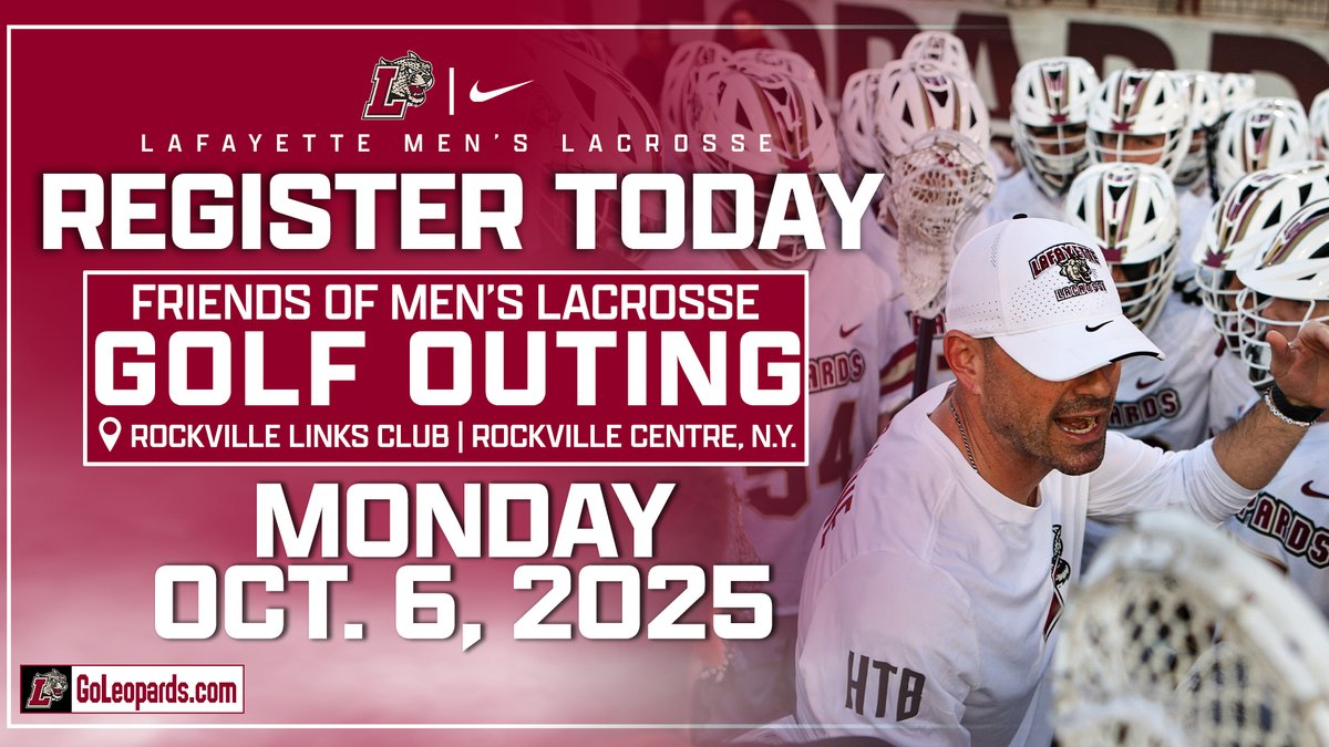 Lafayette Men’s Lacrosse (@lafayettemlax) on Twitter photo Register today for the Friends of Men's Lacrosse Golf Outing on Monday, October 6th! ⛳️
Registration link🔗⤵️
tinyurl.com/ylm5ykbx
#RollPards | #ClimbTheHill
#DMGB | #HTB | <a href="/GoLeopards/">Lafayette Athletics</a> Register today for the Friends of Men's Lacrosse Golf Outing on Monday, October 6th! ⛳️
Registration link🔗⤵️
tinyurl.com/ylm5ykbx
#RollPards | #ClimbTheHill
#DMGB | #HTB | <a href="/GoLeopards/">Lafayette Athletics</a>