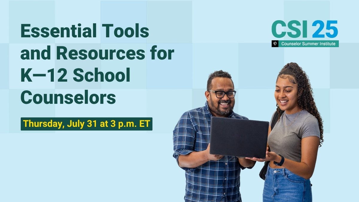 CollegeBoard's tweet image. Counselors: Join us on July 31 to discover actionable strategies to support K-12 students on their path to college and career success.
Learn from counselor leaders how to incorporate our college advising materials, counselor modules, and BigFuture into your daily work with…