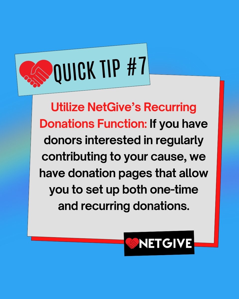 NetGive (@netgivehq) on Twitter photo Today's fundraising tip is to offer recurring donations! If that is something you're looking for, choose NetGive as your partner to create safe and secure donation pages for one-time and recurring payments! DM us "donations" to get started. Today's fundraising tip is to offer recurring donations! If that is something you're looking for, choose NetGive as your partner to create safe and secure donation pages for one-time and recurring payments! DM us "donations" to get started.