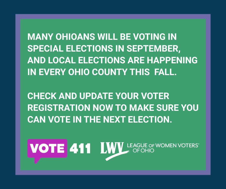 lwvohio's tweet image. Not only will every Ohio county be voting in local elections this fall, many communities will be voting in special elections in September, too. Now is the time to check and update your voter registration — go to VOTE411 to see.
vote411.org