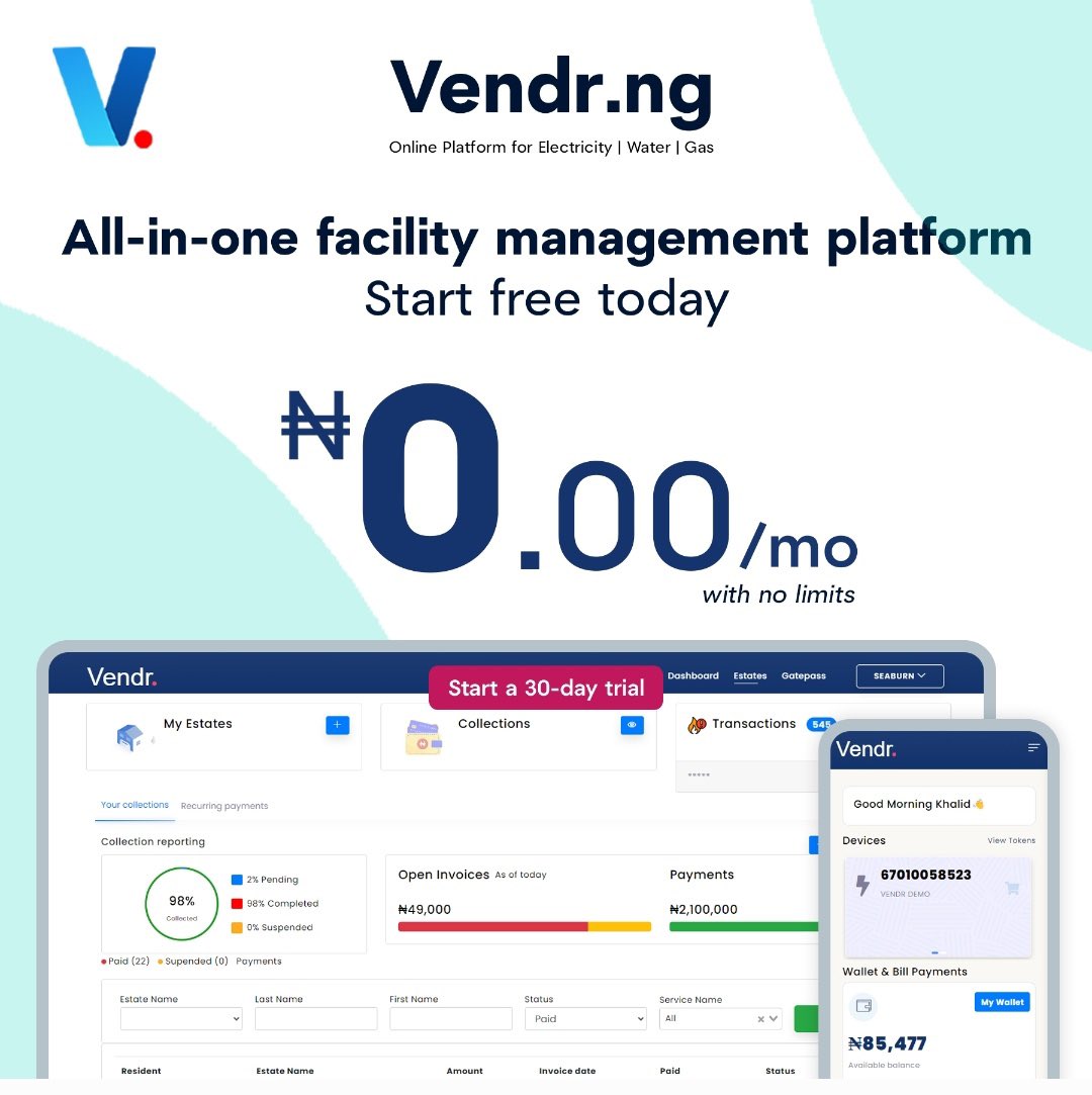 TrendingEx's tweet image. Apart from fixing revenue loss, These are other reasons why you should Move Your Estate and Homes to Vendr Utilites @VendrNg 

-Receive Payments and auto Generated Invoicing

- Recover monthly water, electricity, generator bills.. remotely, from anywhere .

-Real-time occupancy