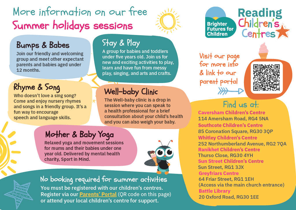 Whitley_CDA's tweet image. Free summer sessions at Reading Children’s Centres 🎉
Bumps & Babes, Stay & Play, Rhyme & Song, Well-baby Clinics & Mother & Baby Yoga. No booking needed, just register with your local centre.
Find your nearest + more info: brighterfuturesforchildren.org