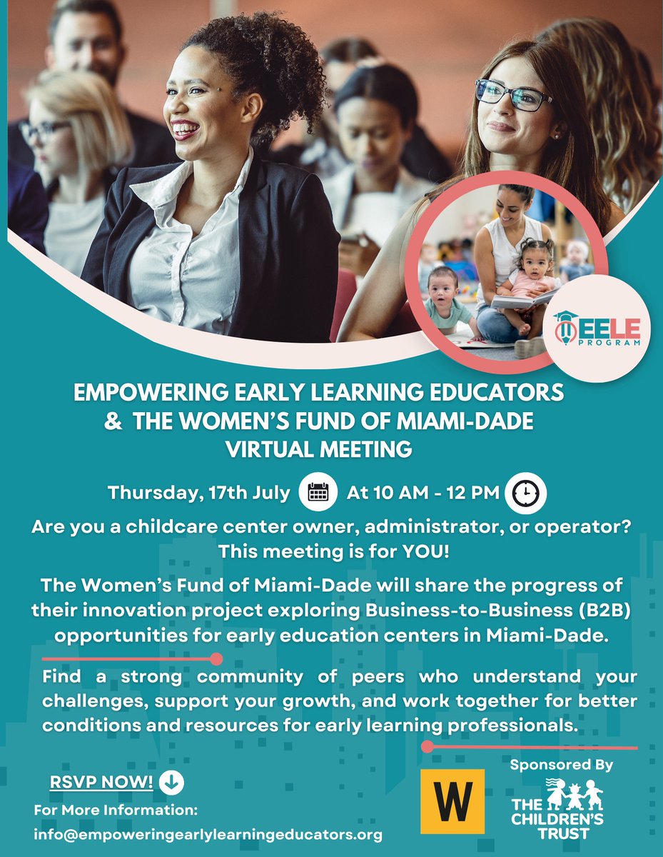 beaconcouncil's tweet image. Calling all early learning leaders! 

📣 On July 17, join EELE &amp;amp; @WomensFundMIA for a FREE virtual session packed with:
✅ B2B partnership insights
✅ Access to decision-makers
✅ A game-changing support network

🕙 10AM–12PM | RSVP now 👉 bit.ly/4lUCvpv #EarlyEd #Miami
