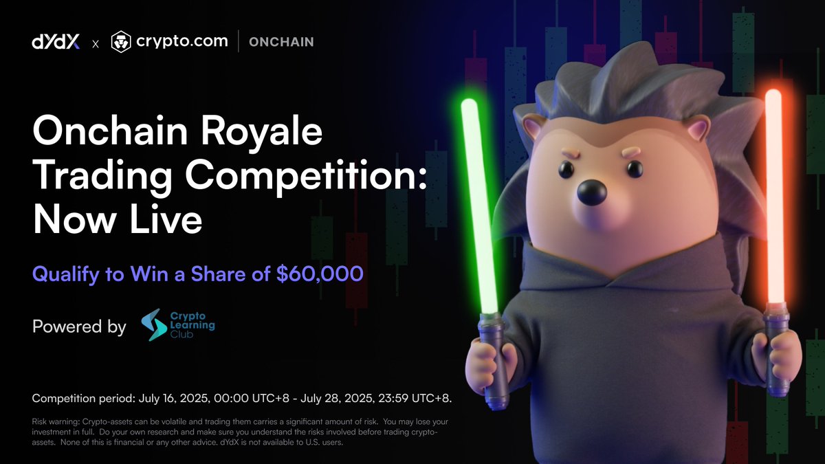 dYdX (@dydx) on Twitter photo The Onchain Royale Trading Competition is now live!
Trade via <a href="/cryptocom/">Crypto.com</a>’s Onchain Wallet and earn your spot on the leaderboard 💪
Get started now ➡️ dydx.xyz/cryptocom?utm_… The Onchain Royale Trading Competition is now live!
Trade via <a href="/cryptocom/">Crypto.com</a>’s Onchain Wallet and earn your spot on the leaderboard 💪
Get started now ➡️ dydx.xyz/cryptocom?utm_…