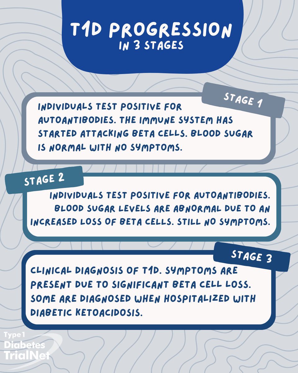 T1D_TrialNet's tweet image. Type 1 diabetes (T1D) is an autoimmune disease that progresses in three stages. The immune system mistakenly attacks and destroys healthy insulin producing cells, called beta cells. TrialNet is working to change that.
Sign up for free screening at trialnet.org/participate